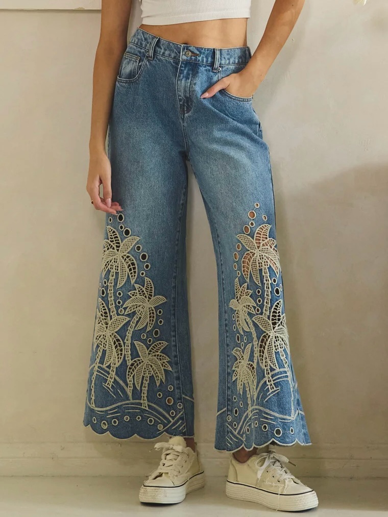 Oli & Hali Palm Tree Embroidered Wide Leg Jeans | Eyelet Cutwork Ankle Crop